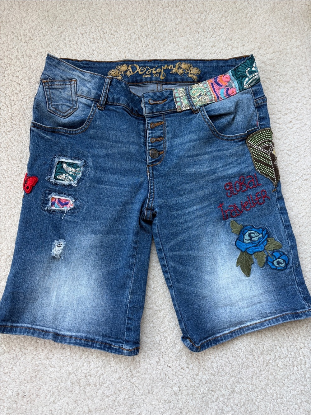 Desigual Blue Embroidered Denim Bermuda Shorts